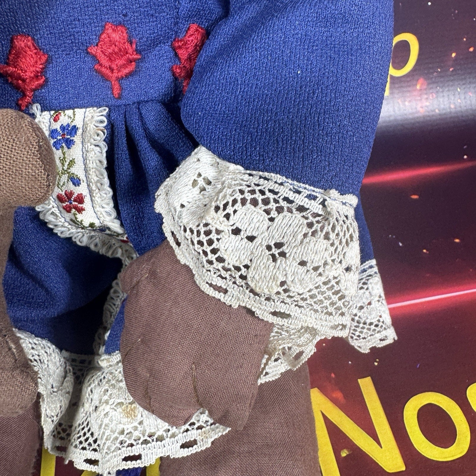 Vintage Handmade African American Cloth Rag Doll Blue Lace Dress Cat 1970s 80s