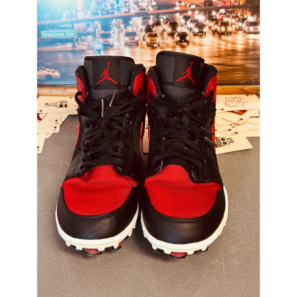 Nike Air Jordan 1 Mid TD Football Cleats Bred Black Red AR5604-061 Men’s Size 9