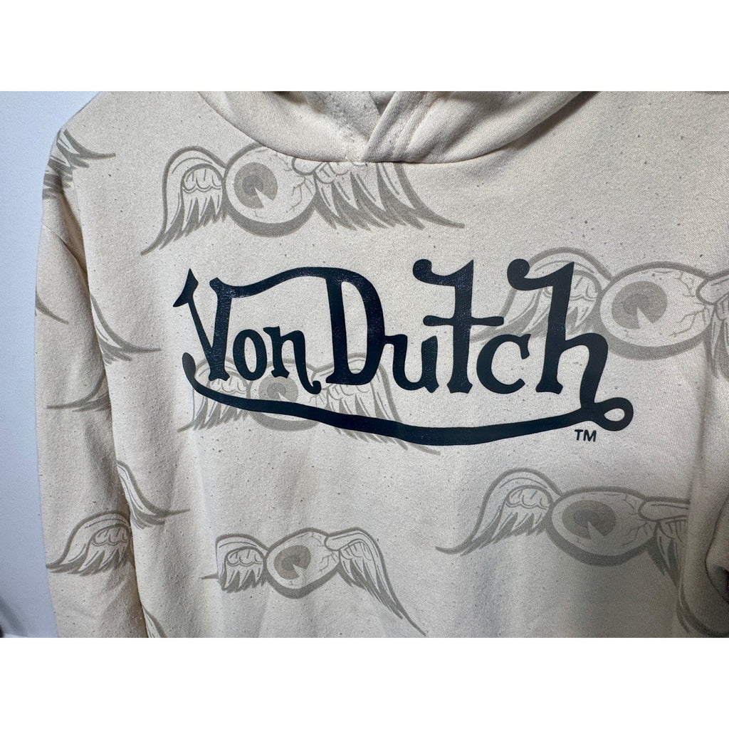 Von Dutch Y2K Wing Logo All Over Print Hoodie Sweatshirt Beige Small 2000s S
