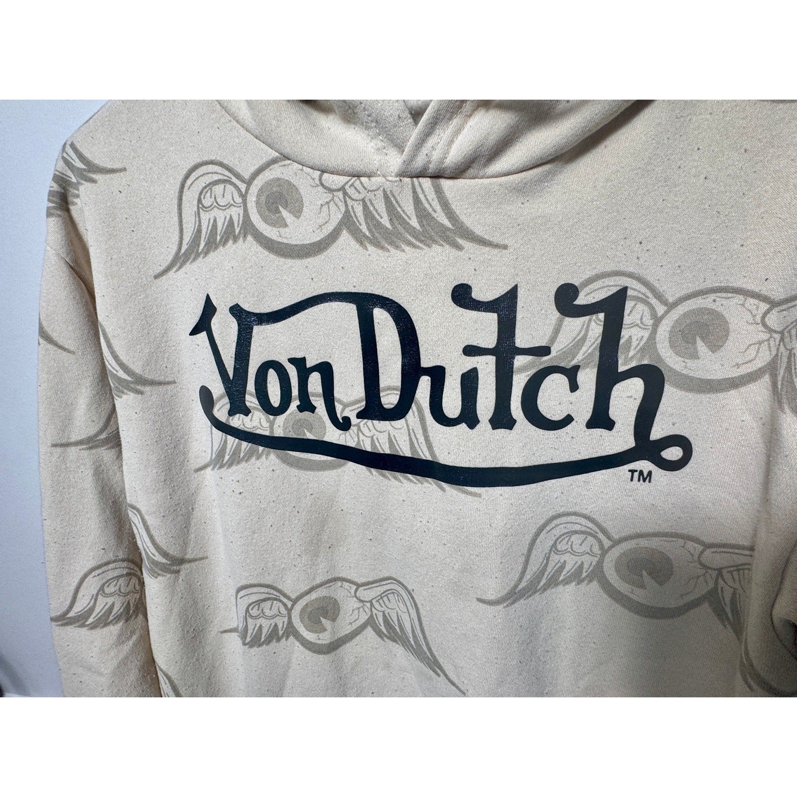 Von Dutch Y2K Wing Logo All Over Print Hoodie Sweatshirt Beige Small 2000s S