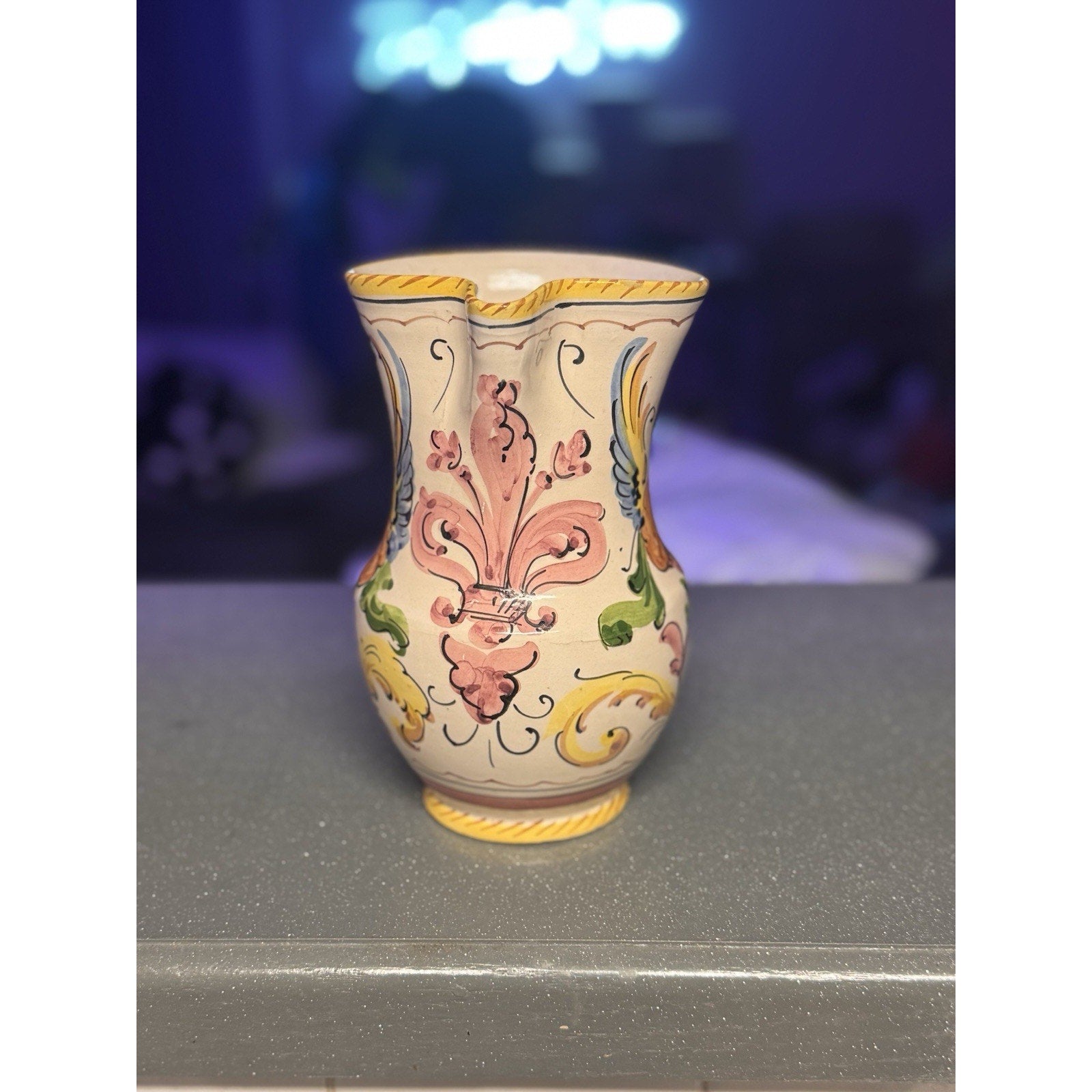 Vtg Italian Majolica Hand Painted Pitcher Floral Ceramic Vase Italy 6.75”