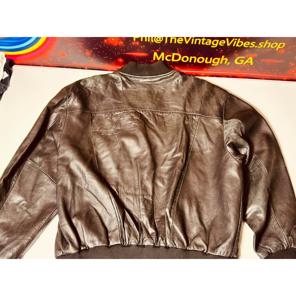 Vintage 1980s/1990s Tannery West Black Leather Bomber Jacket XL Genuine Leather