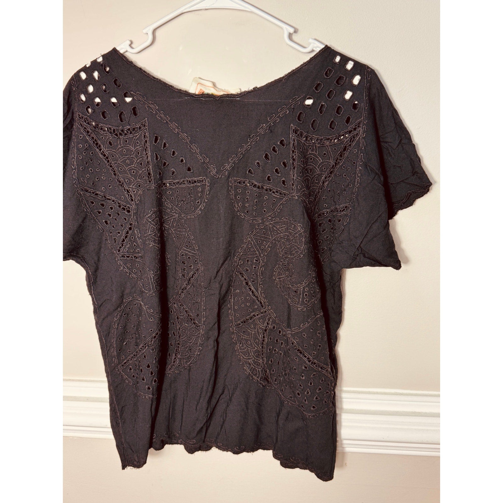 Vintage Thimsup Black Embroidered Eyelet Boho Top Blouse Rayon Indie Festival S