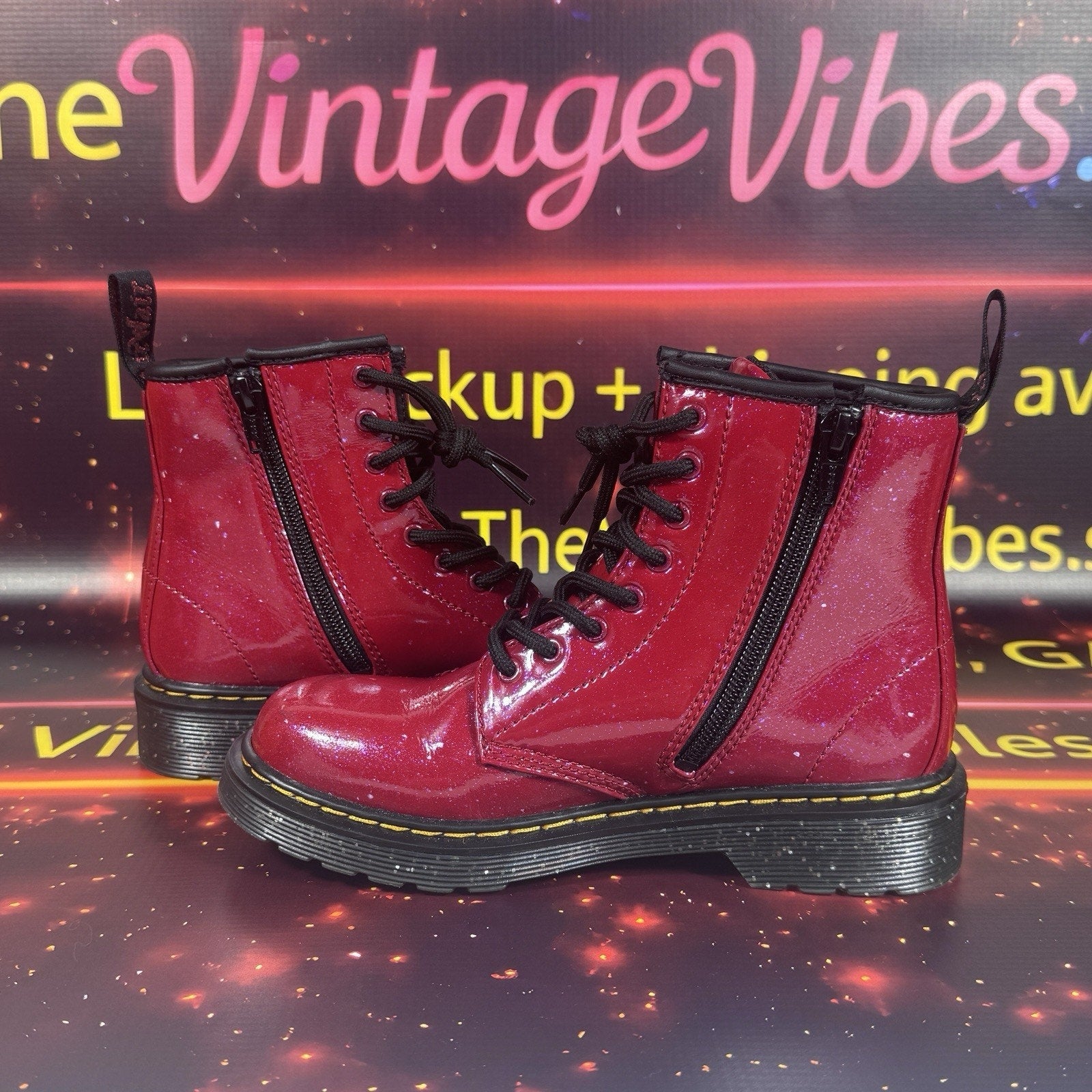 Dr. Martens 1460 J Glitter Red Patent Lace Up Boots Side Zip Youth US 2 EU 33