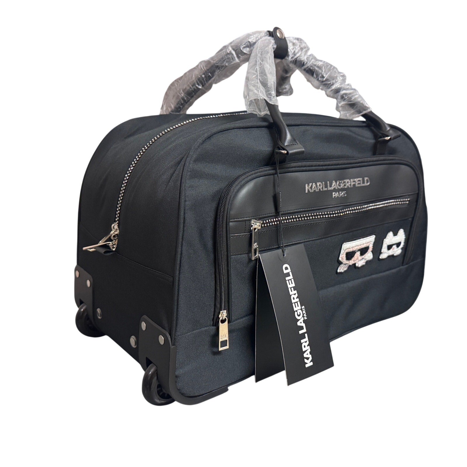 Karl Lagerfeld Paris Ikonik Rolling Weekender Duffel Carry On Luggage Black NWT