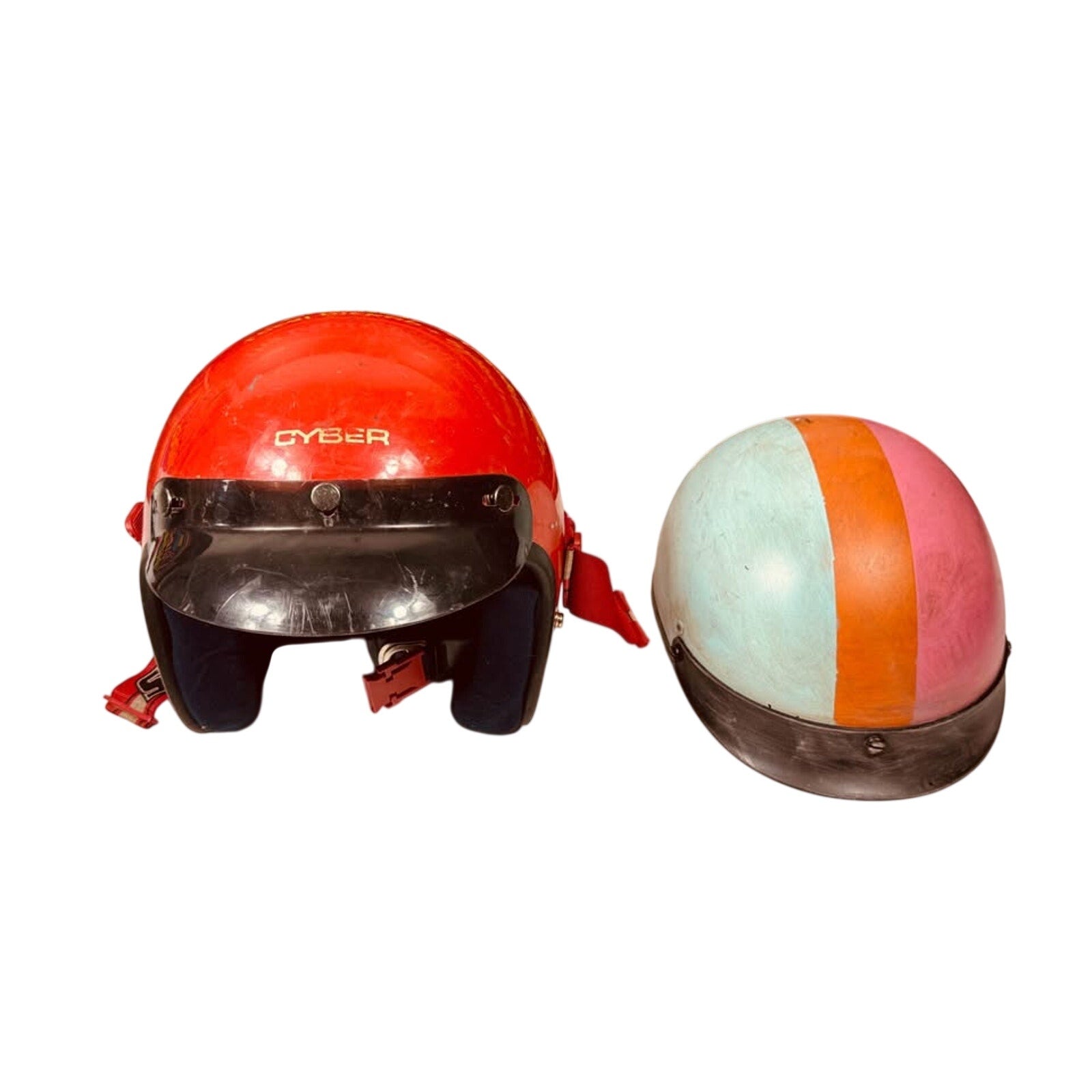 2 Vintage Open Face Helmet Prop Display Lot Retro Biker Garage Decor