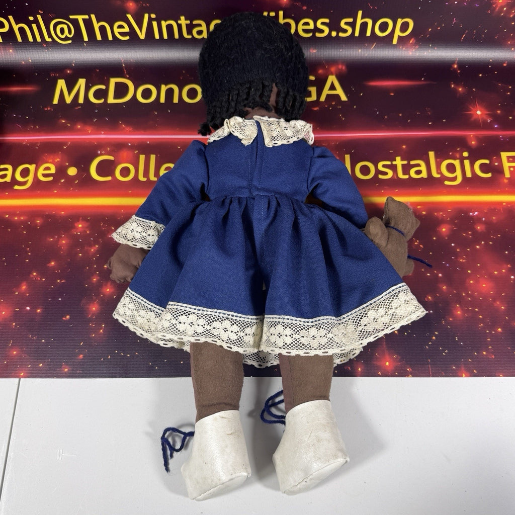 Vintage Handmade African American Cloth Rag Doll Blue Lace Dress Cat 1970s 80s