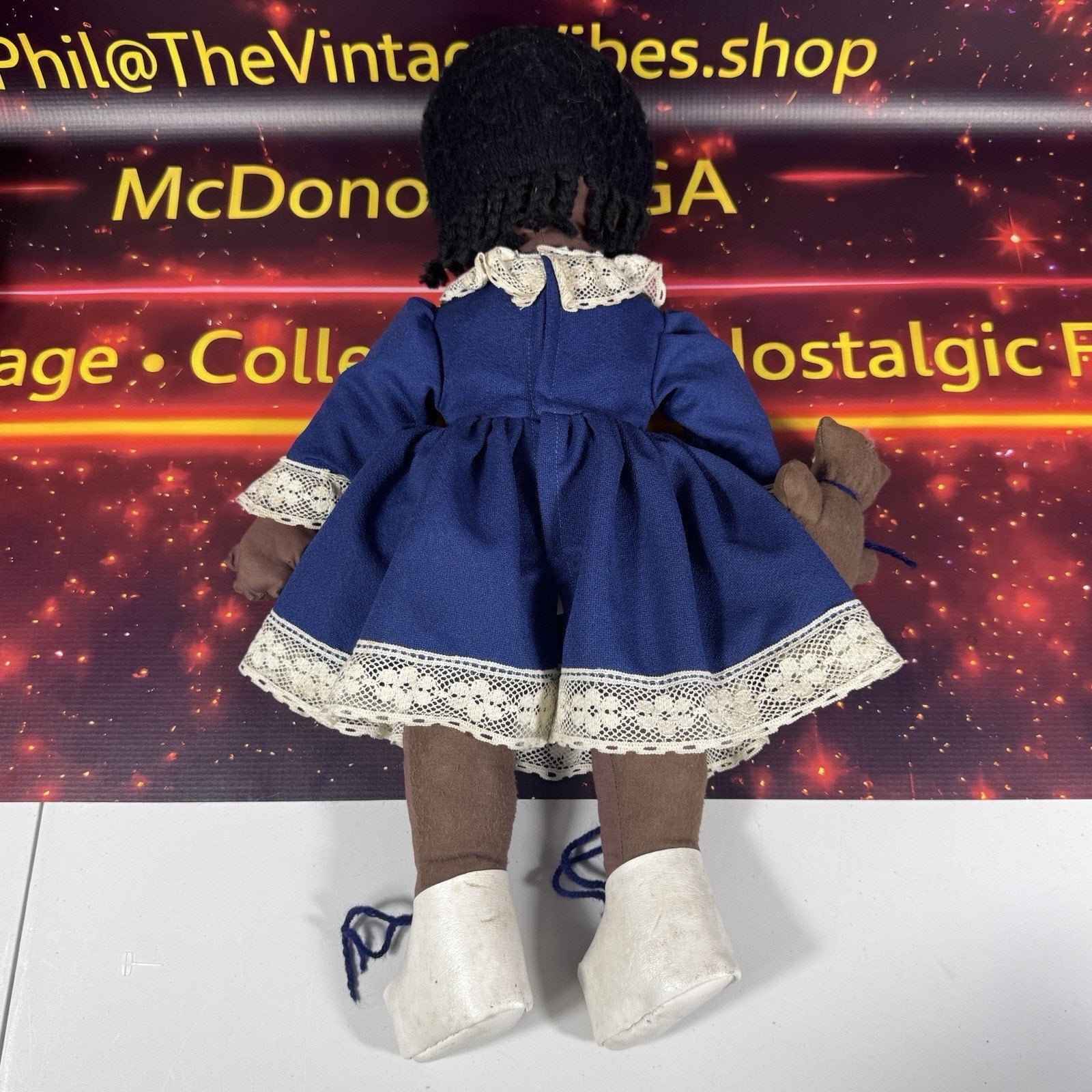 Vintage Handmade African American Cloth Rag Doll Blue Lace Dress Cat 1970s 80s