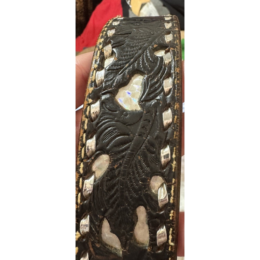 Vtg 70-80s Western Tooled Leather Belt Buckle 32 Buckstitch Pearl Inlay USA Made