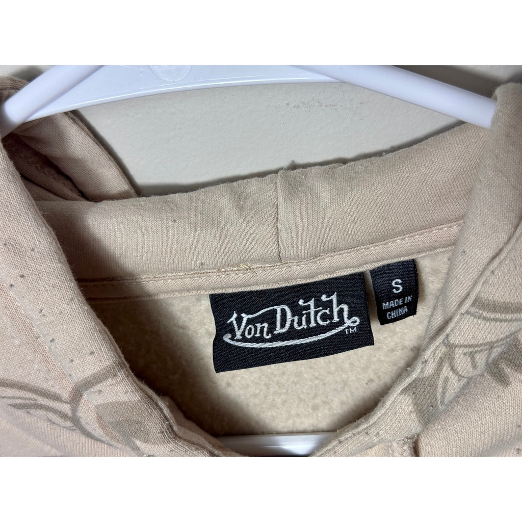 Von Dutch Y2K Wing Logo All Over Print Hoodie Sweatshirt Beige Small 2000s S