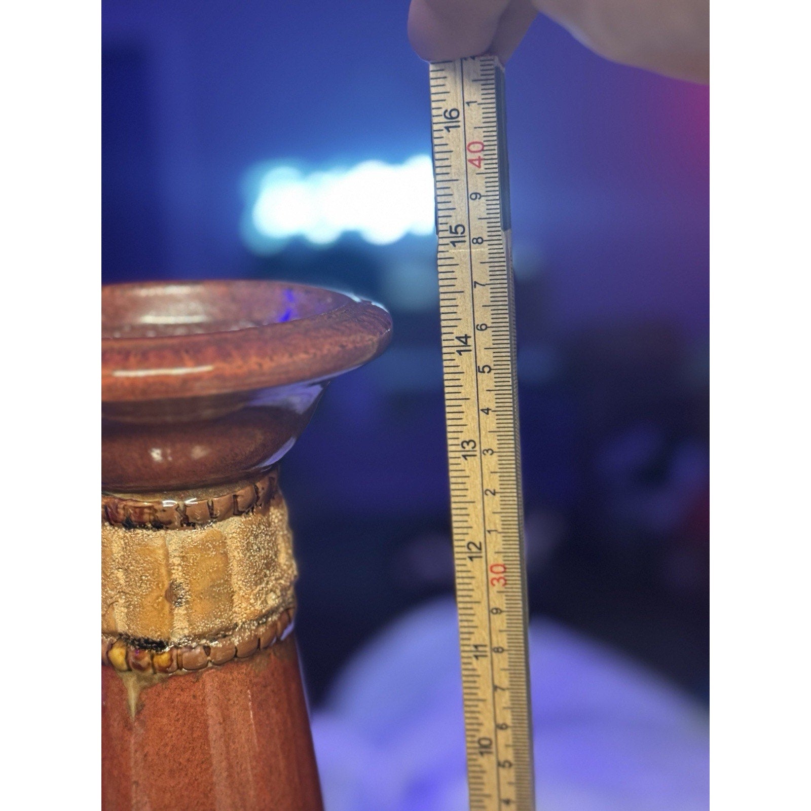 15” Tuscan Style Ceramic Pillar Candle Holder Brown Gold Fleur‑De‑Lis Vtg Home