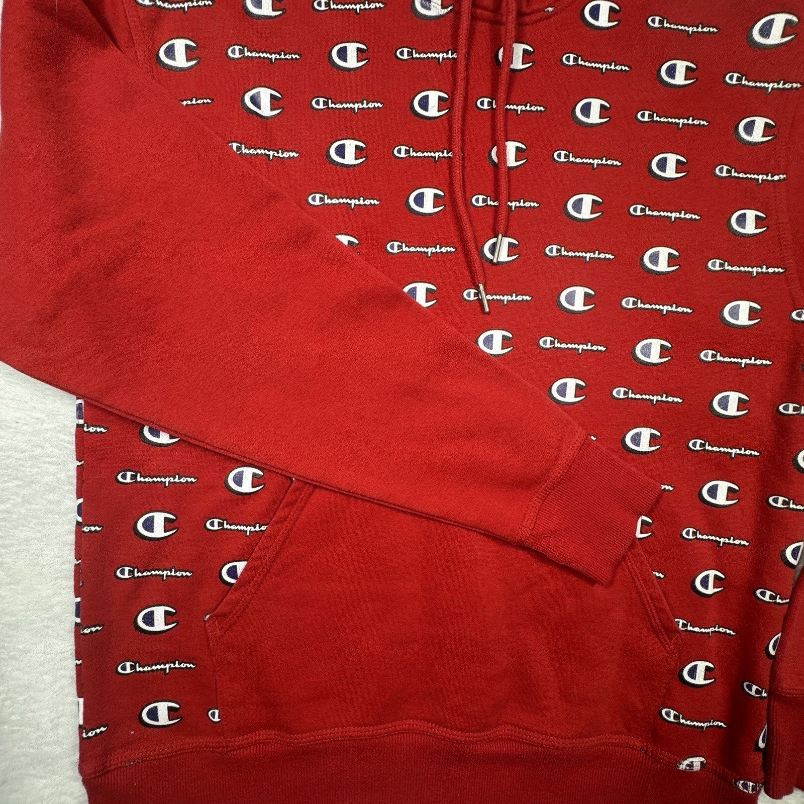 Champion All Over Logo Print Hoodie Mens M Red Pullover Sweatshirt Spell Out AOP