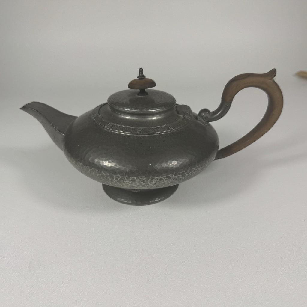 1900s Antique Alex Clark English Pewter Wood No 28 Hand Hammered Teapot London