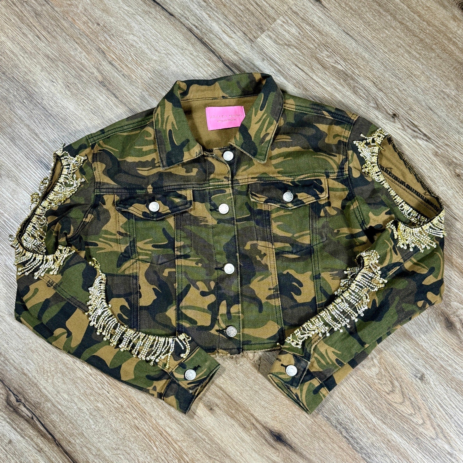 Azalea Wang Camo Rhinestone Fringe Cold Shoulder Cropped Trucker Jacket Small S