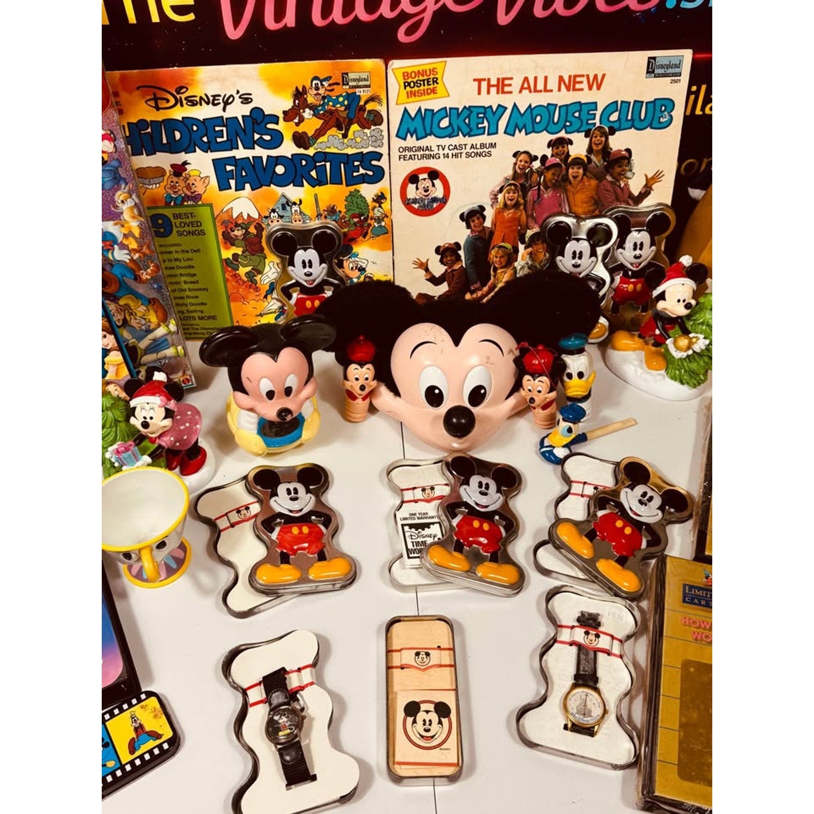 Vintage Disney Collectibles Mega Lot Mickey Mouse Watches Snow White VHS Vinyl Disneyana