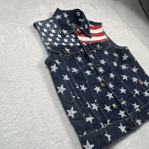 Akademiks AKDMKS Stars Denim Vest Womens XS Y2K Hip Hop USA Flag Patriotic 90s