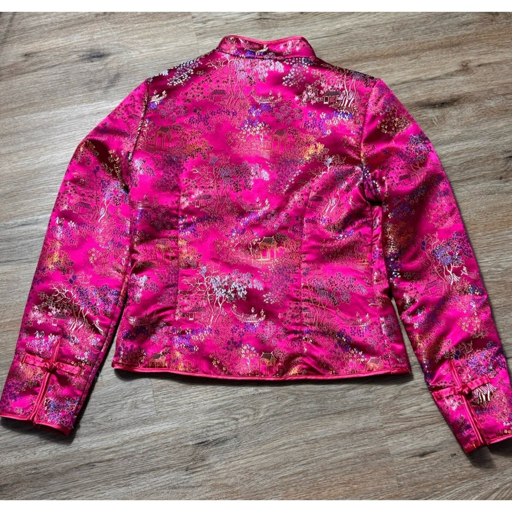 Vtg Old Navy Pink Brocade Mandarin Jacket Women’s S Satin Floral China Style