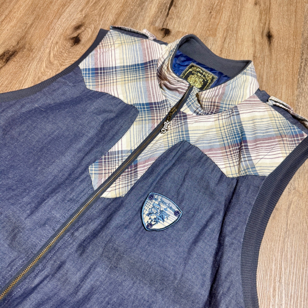 Live Mechanics Plaid Chambray Full Zip Vest 3XL Y2K Motorcycle Biker Denim Vest