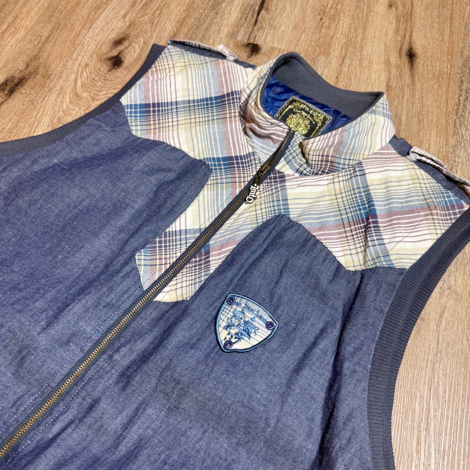 Live Mechanics Plaid Chambray Full Zip Vest 3XL Y2K Motorcycle Biker Denim Vest