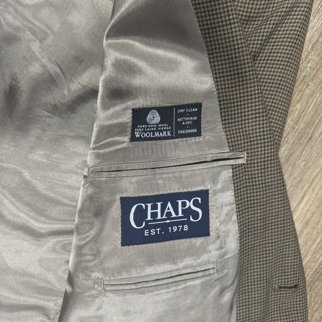 CHAPS 100% Wool Houndstooth Sport Coat Blazer 44R Brown Woolmark