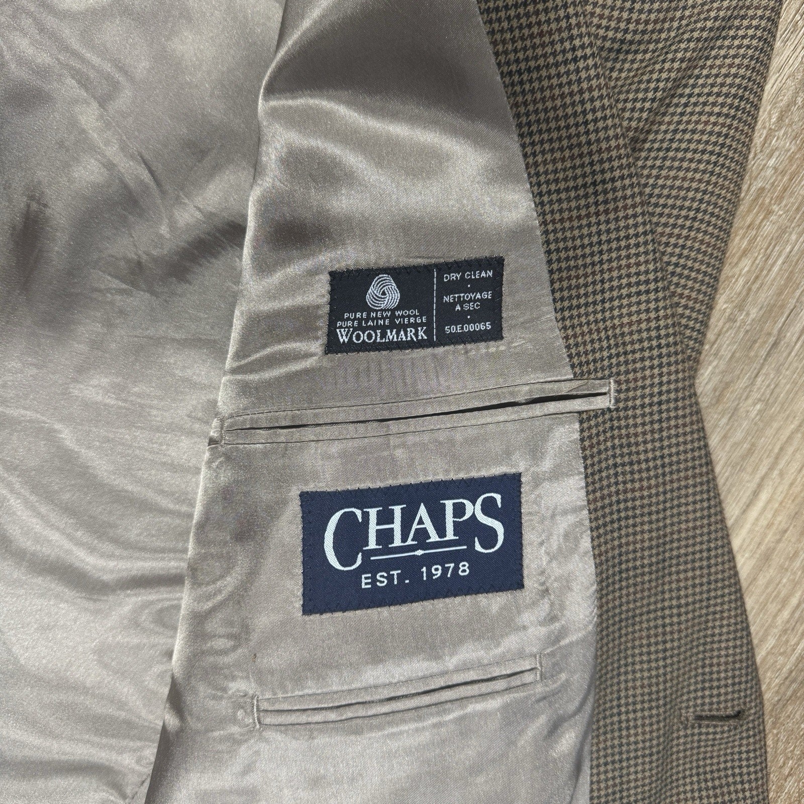 CHAPS 100% Wool Houndstooth Sport Coat Blazer 44R Brown Woolmark