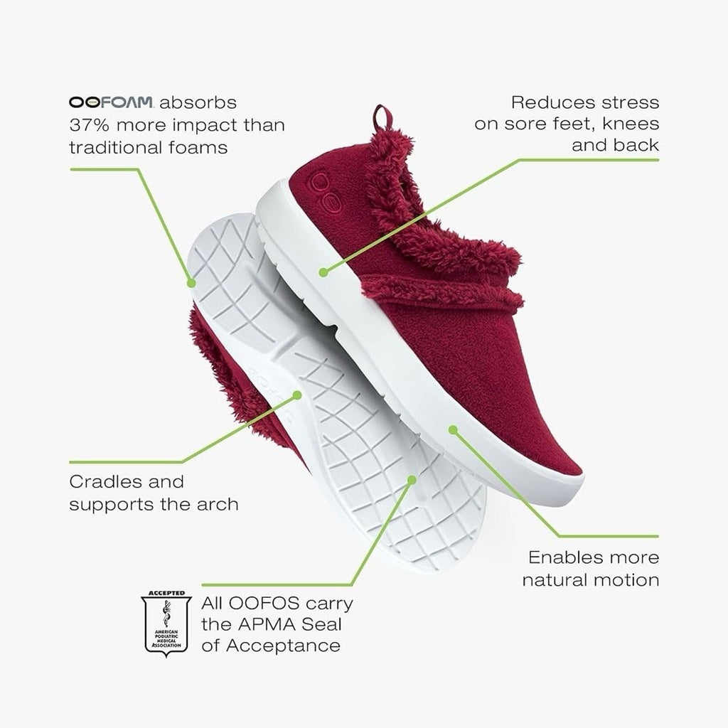 OOFOS Women Sz 6.5 Oocoozie Low Recovery Shoe Sherpa Burgundy Cabernet Wine Red