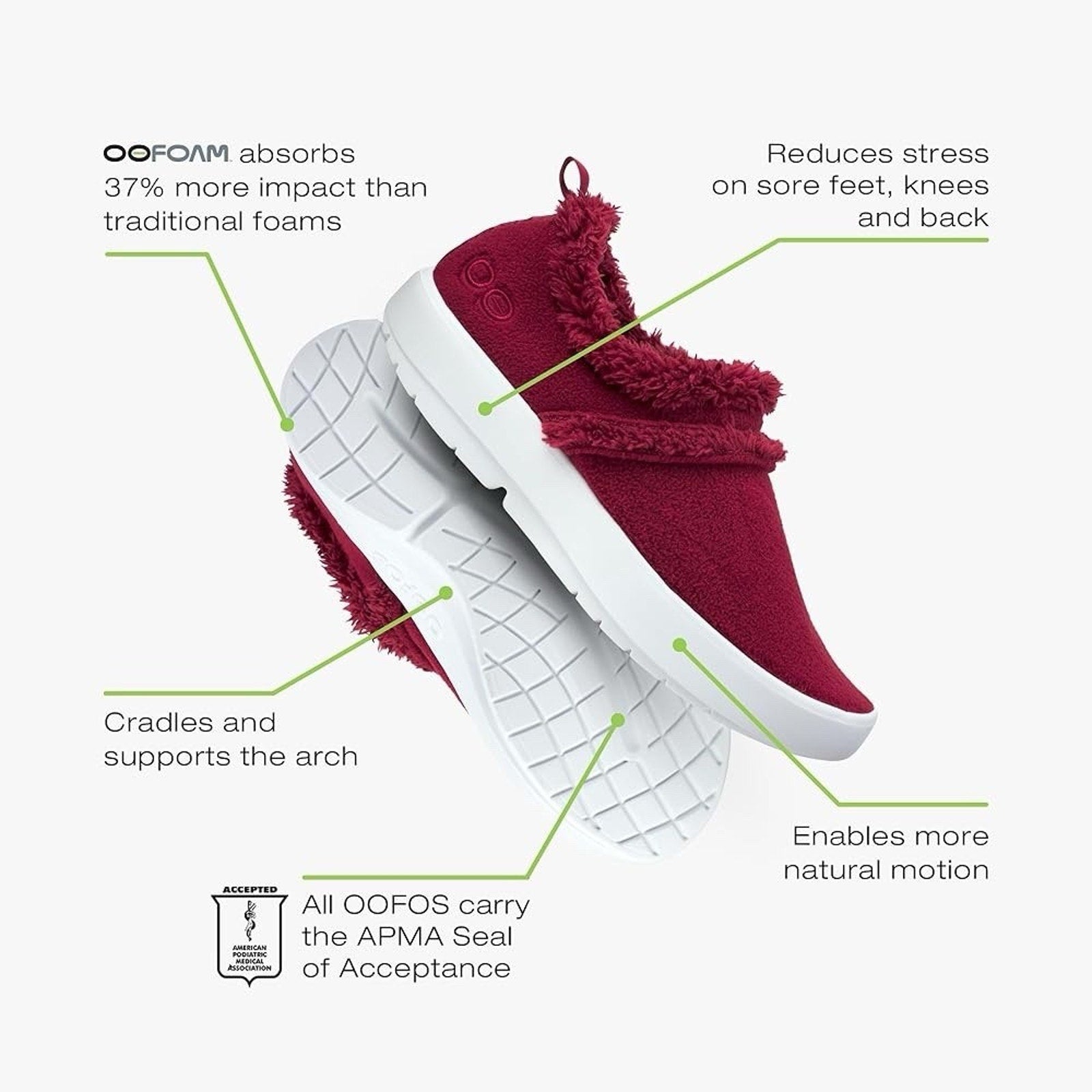 OOFOS Women Sz 6.5 Oocoozie Low Recovery Shoe Sherpa Burgundy Cabernet Wine Red