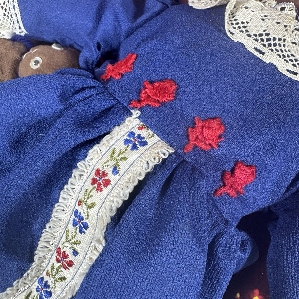 Vintage Handmade African American Cloth Rag Doll Blue Lace Dress Cat 1970s 80s