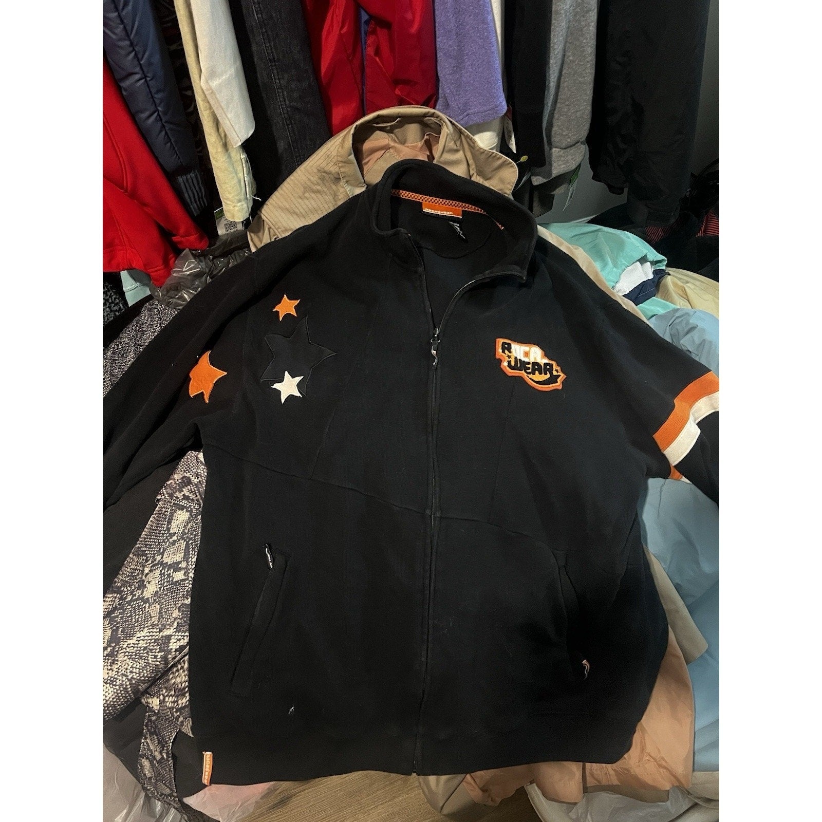 Vtg 2000s Rocawear Black Orange Star Tracksuit Baggy Hip-Hop Y2K Jacket Pants