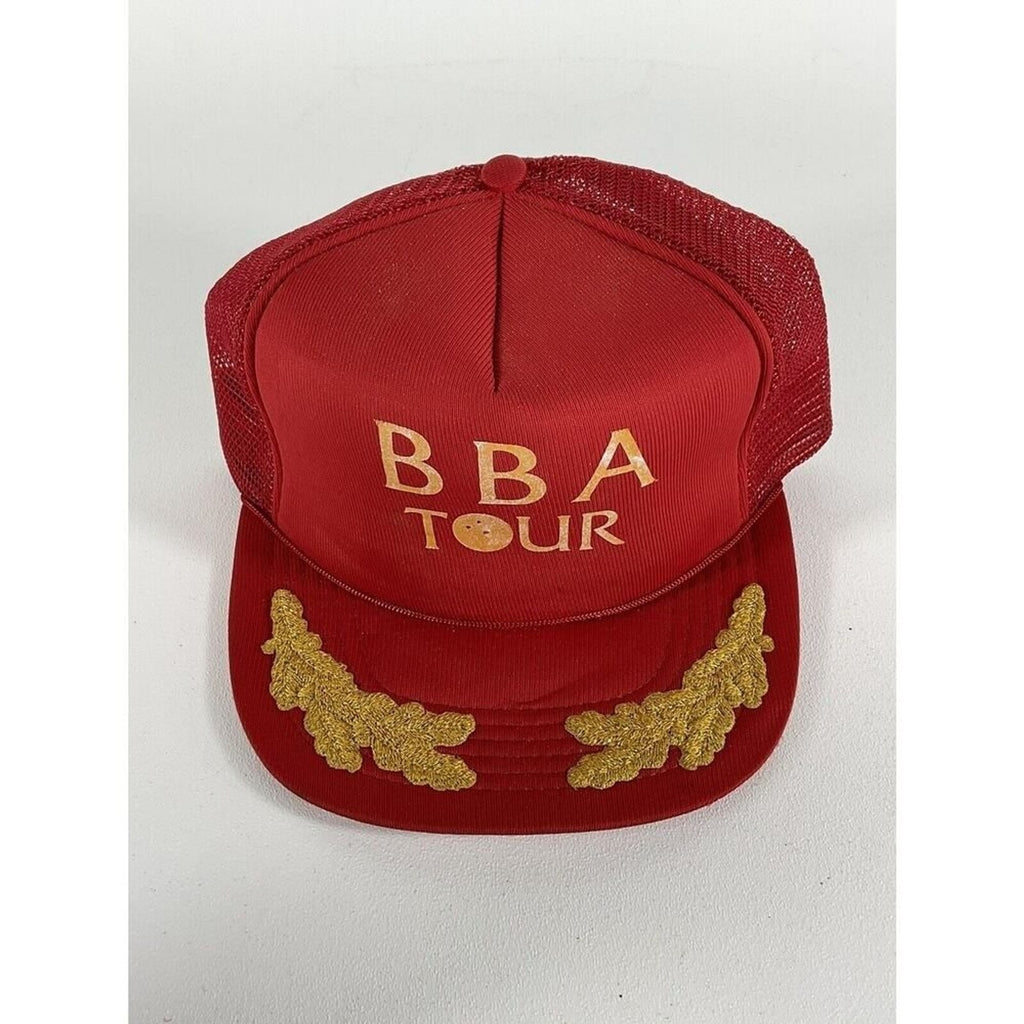 Vintage BBA TOUR Red And Gold Mesh Snapback Trucker Hat Cap Bowling 1970s