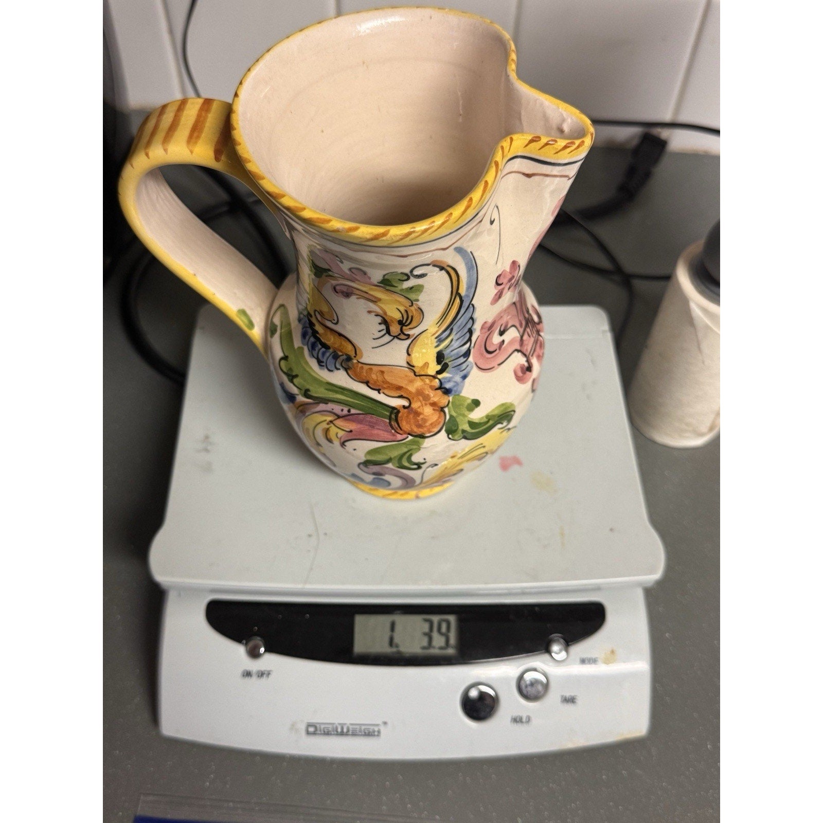 Vtg Italian Majolica Hand Painted Pitcher Floral Ceramic Vase Italy 6.75”