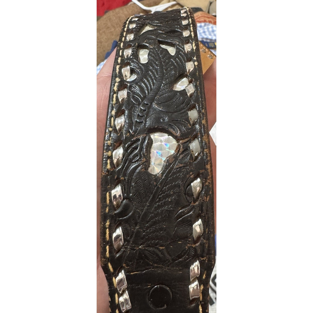 Vtg 70-80s Western Tooled Leather Belt Buckle 32 Buckstitch Pearl Inlay USA Made