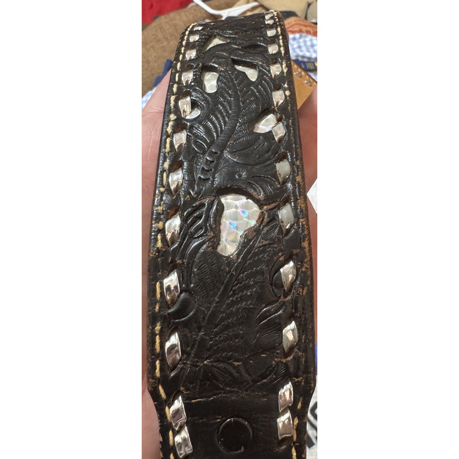 Vtg 70-80s Western Tooled Leather Belt Buckle 32 Buckstitch Pearl Inlay USA Made