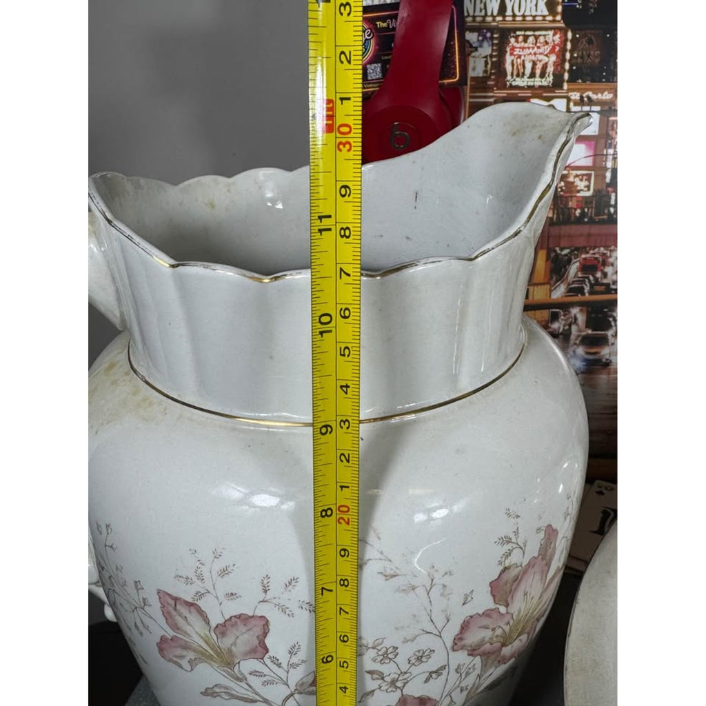 Copied - Late 1800s Vintage O.P. Co Ironstone Wash Basin & Pitcher Set Floral Gold Trim Excelsior