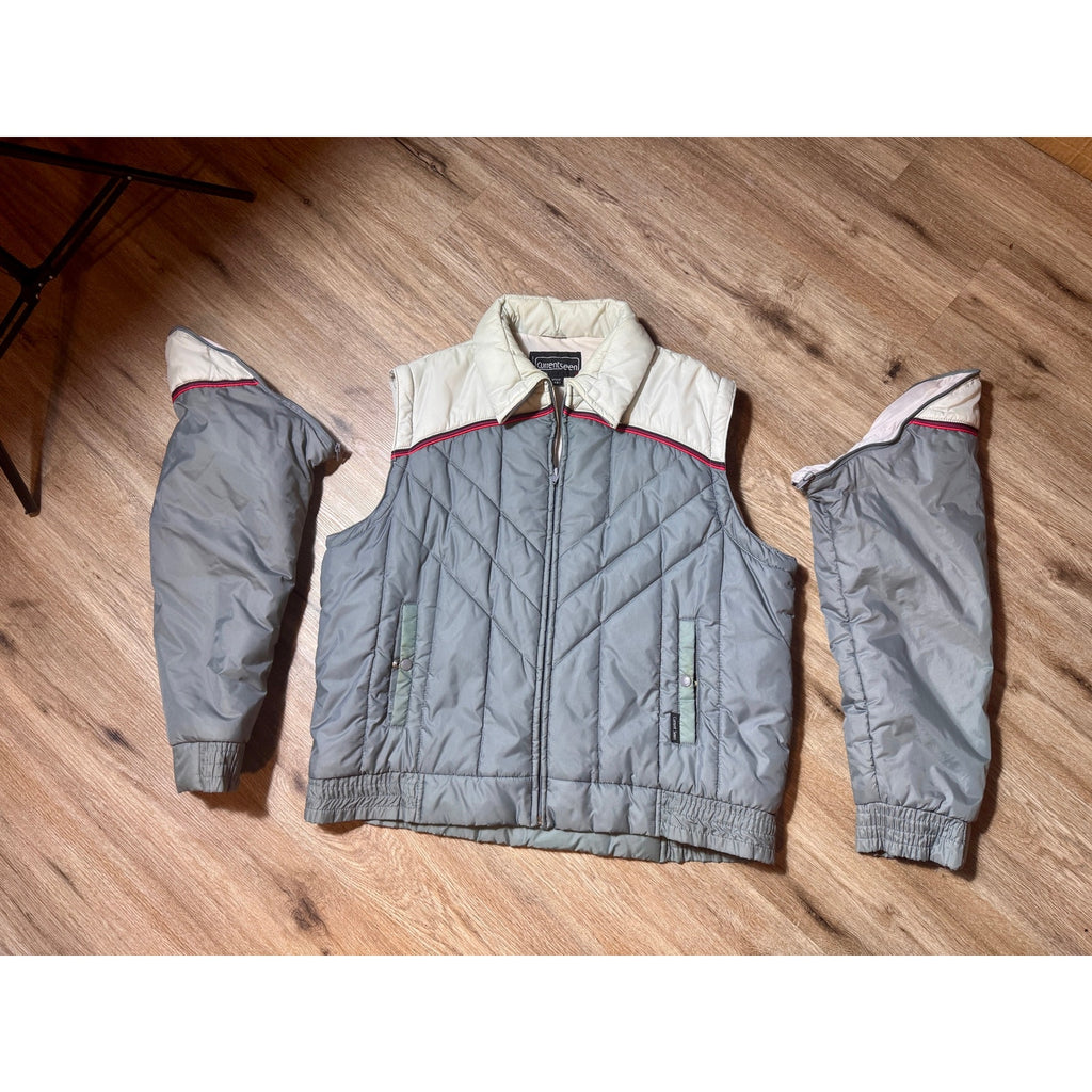 Vintage Current Seen Puffer Jacket & Vest Gray Beige Zip-Off Sleeves XL Korea