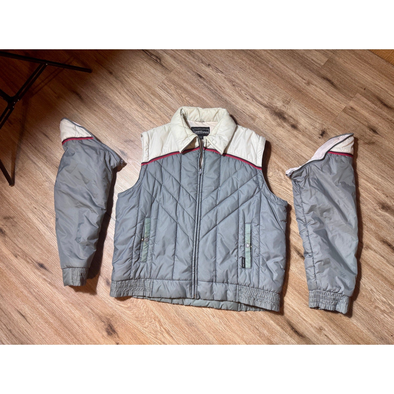Vintage Current Seen Puffer Jacket & Vest Gray Beige Zip-Off Sleeves XL Korea