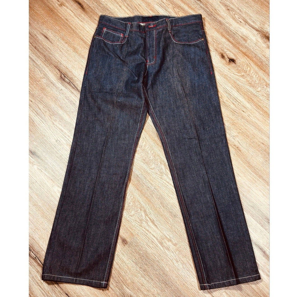 Q by Qruel Y2K Dark Wash Designer Jeans Contrast Stitch Straight Leg Men’s 36x33