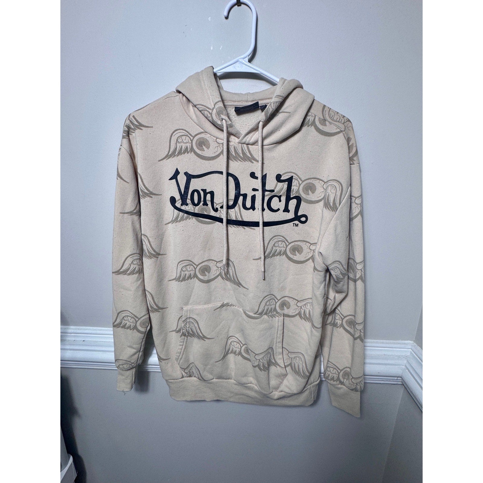 Von Dutch Y2K Wing Logo All Over Print Hoodie Sweatshirt Beige Small 2000s S
