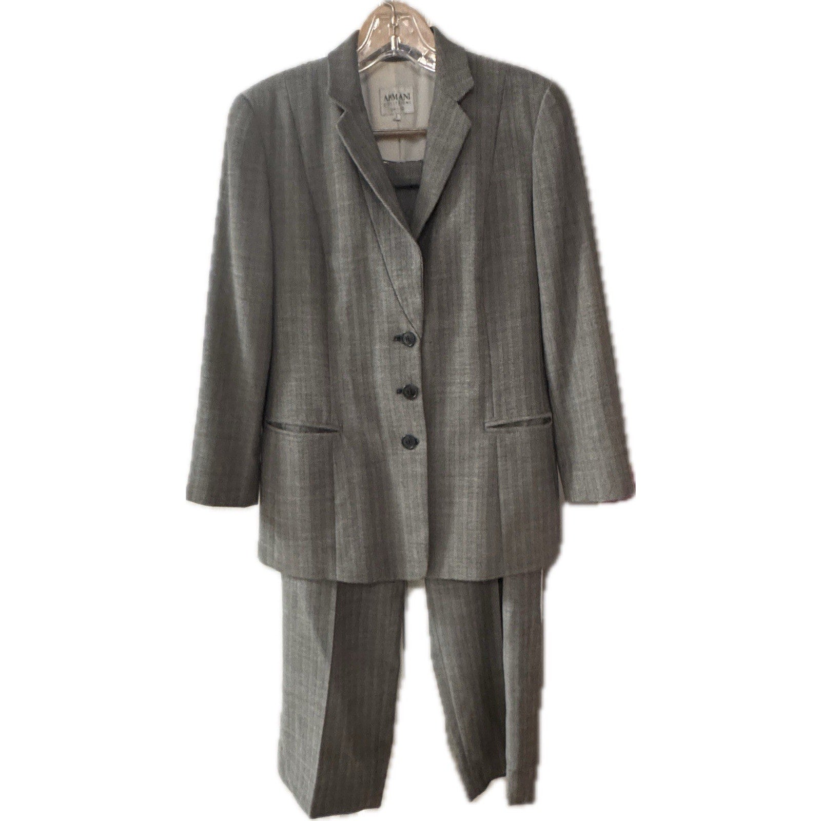 Armani Collezioni Womens Virgin Wool Gray Herringbone Pant Suit Size 4 Italy