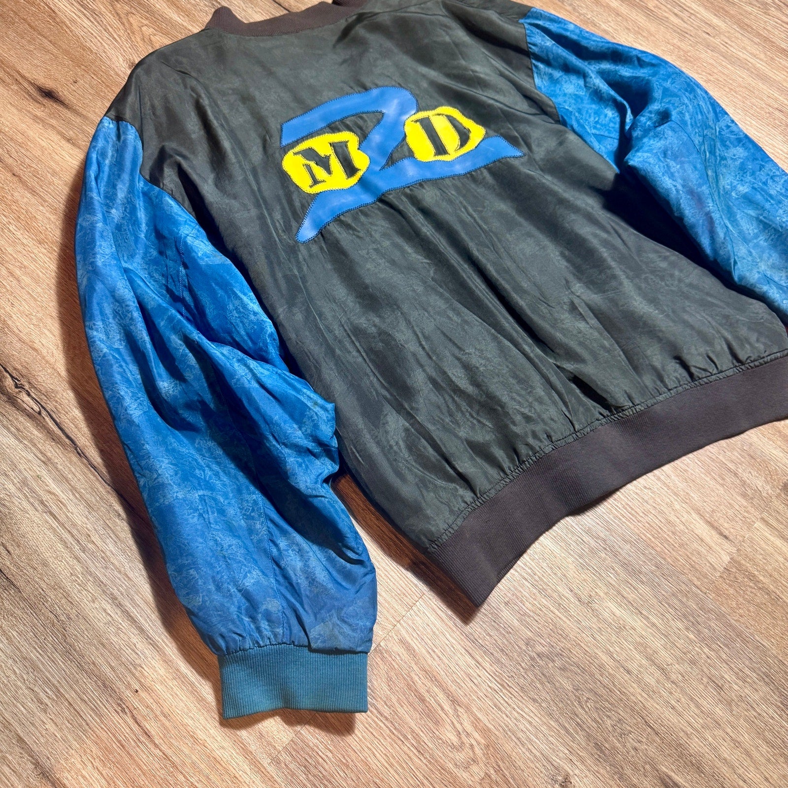Vintage M2D Major Damage Silk Bomber Jacket Mens XL XXL Blue Black 90s Hip Hop