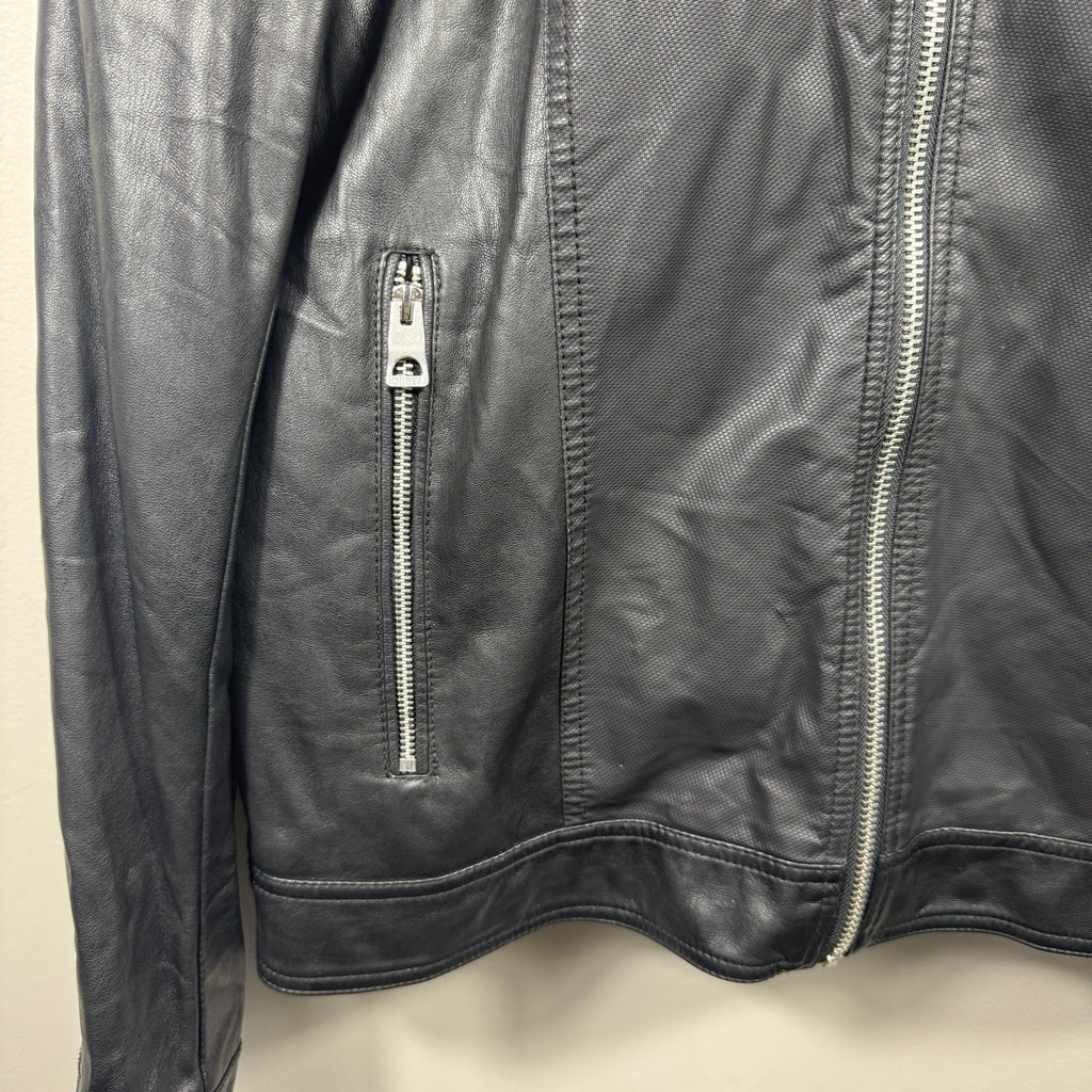 GUESS Mens Large Faux Leather Moto Cafe Racer Jacket Black Quilted Biker Zip