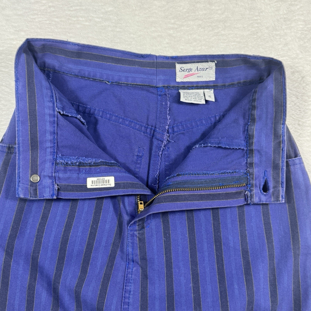 Vtg 1980s Serge Azar Paris Striped Cotton Midi Skirt Women 6 24” Blue Hong Kong