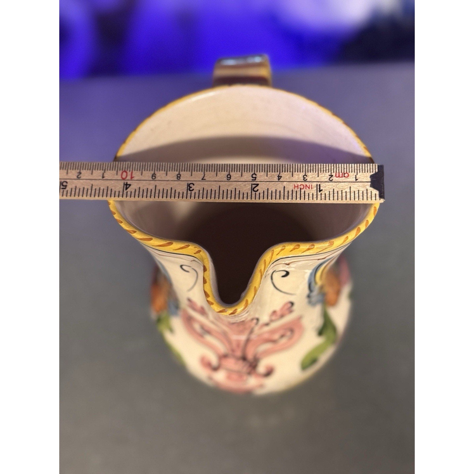 Vtg Italian Majolica Hand Painted Pitcher Floral Ceramic Vase Italy 6.75”