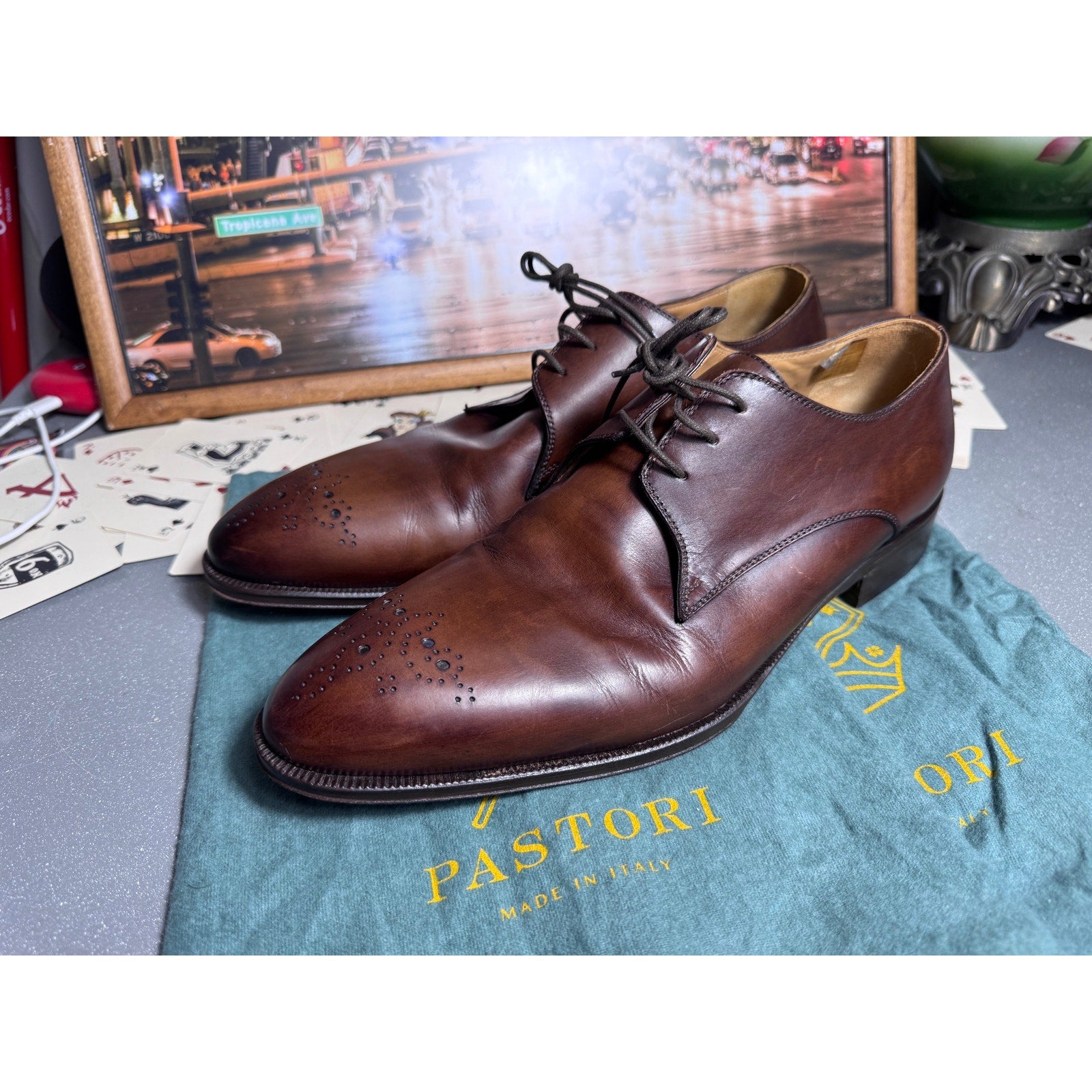 Pastori Handmade Italian Brown Leather Medallion Derby Dress Shoes EU 44 US 11