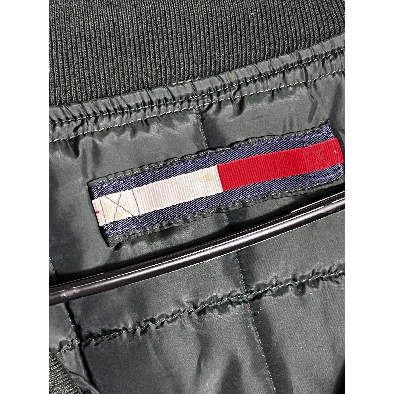 VTG 90s Tommy Hilfiger Reversible Bomber Jacket Tan Green L/XL Puffer Coat Y2K