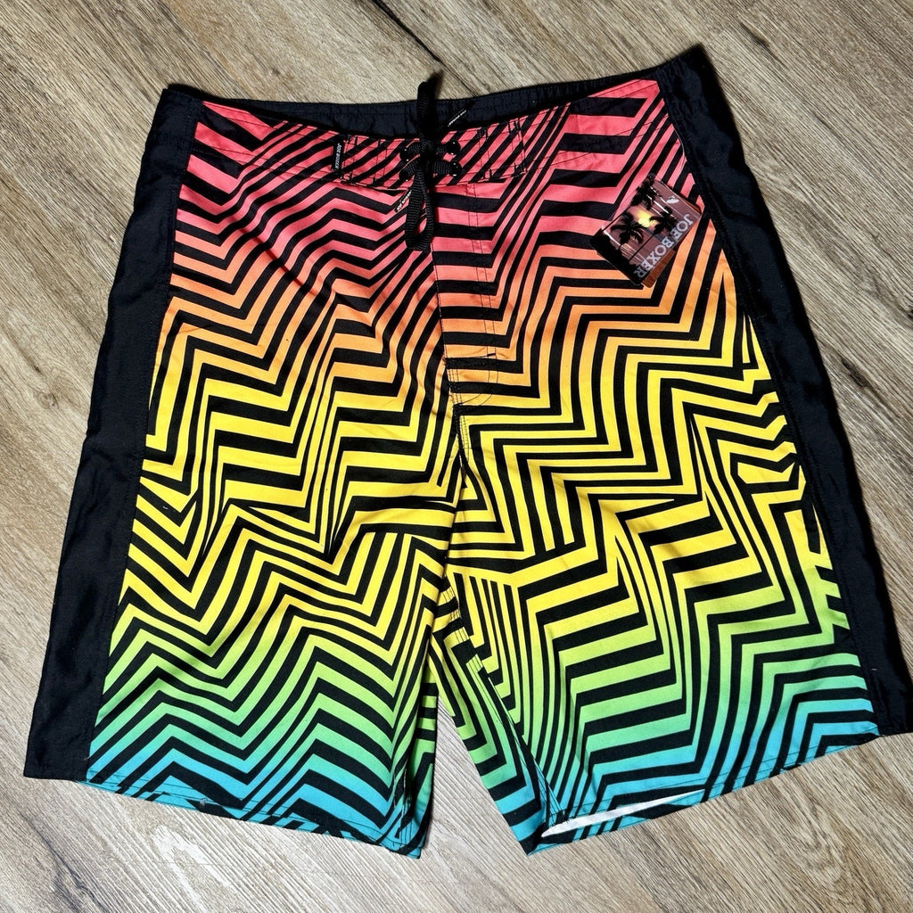VTG Joe Boxer Men 32 Board Shorts Rainbow ZigZag Neon Swim Trunks Deadstock Y2K