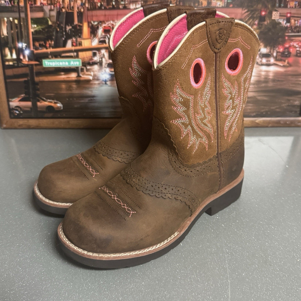 Ariat Fatbaby Girls Western Cowboy Boots Brown Pink Leather Square Toe US 3.5