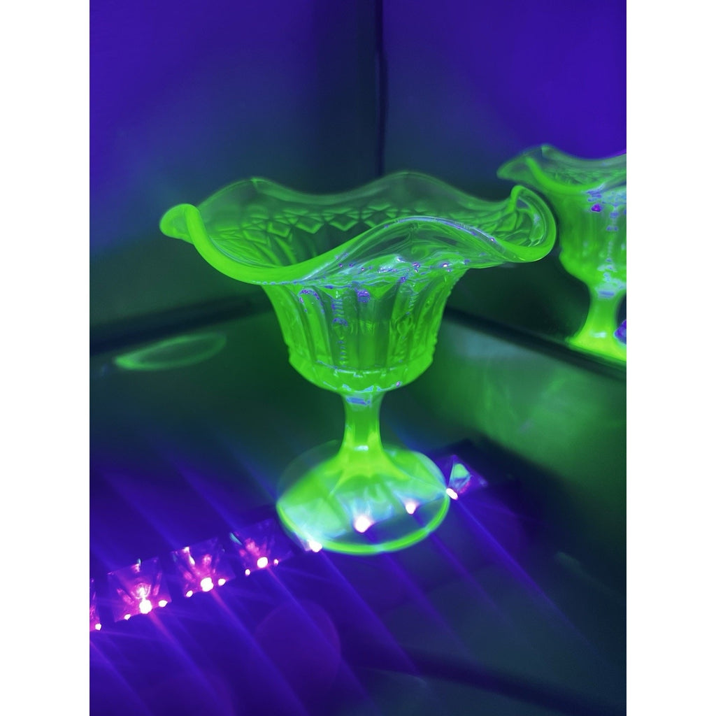 Kanawha Glass Green Uranium Pedestal Compote Candy Dish Glows Vintage 5.5"
