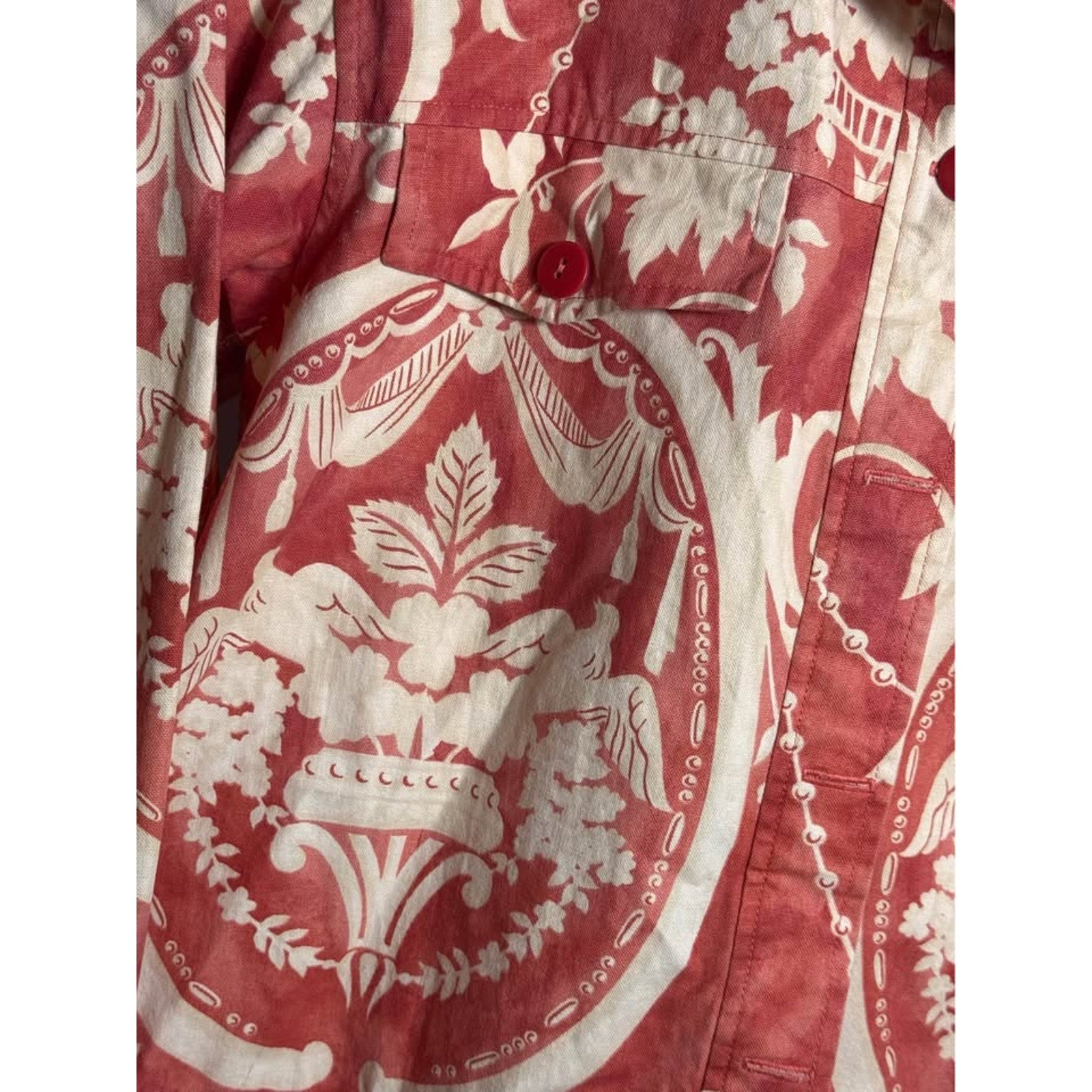 Vintage Toile Print Jacket Red Cream Floral French Country Cottagecore Women’s L