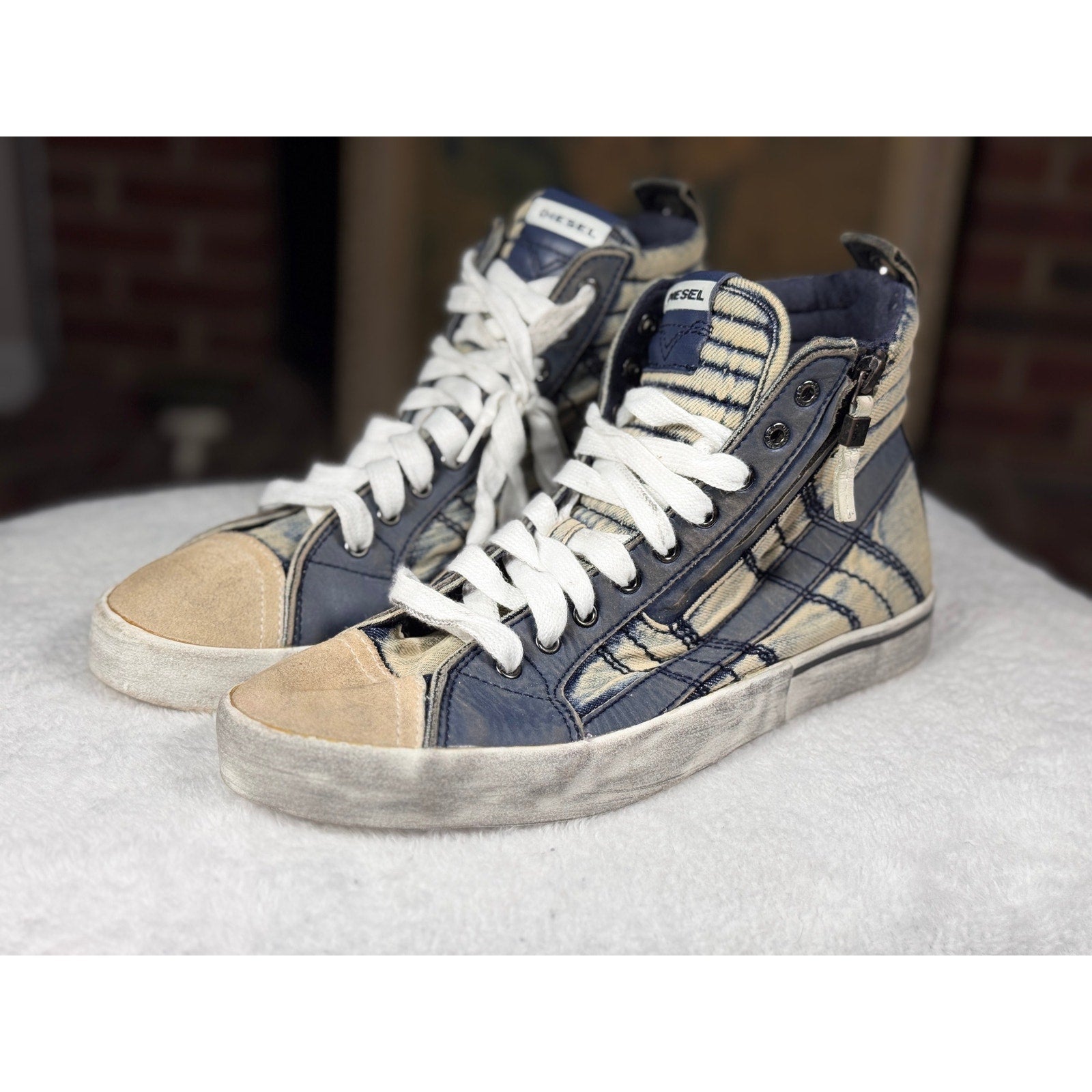 Diesel D-Velows Mid Lace Denim Distressed High Top Sneakers Men’s 9.5 Y2K Grunge
